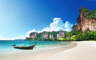 tailandia, spiaggia, battello, costa, thailandia, barca, rocce, viaggi, turismo