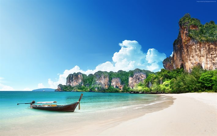 thailand, strand, boot, ufer, felsen, reisen, tourismus