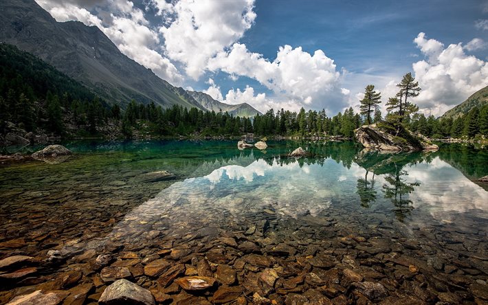 nature, stones, the lake, the sky, mountains, clouds, trees
