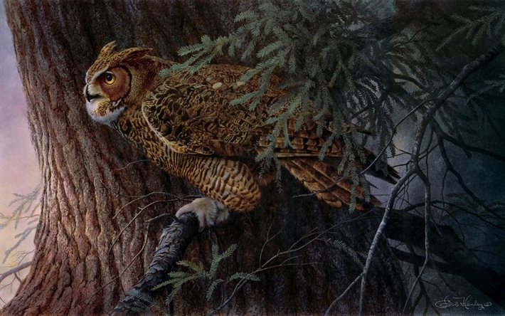 owl, tree, branches, predator