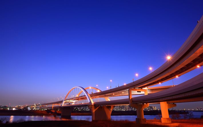 the bridge, bay, lights, architecture, night, yokohama, japan