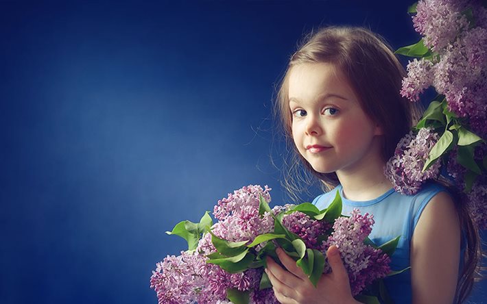 flicka, blå ögon, blommor, lila, barn