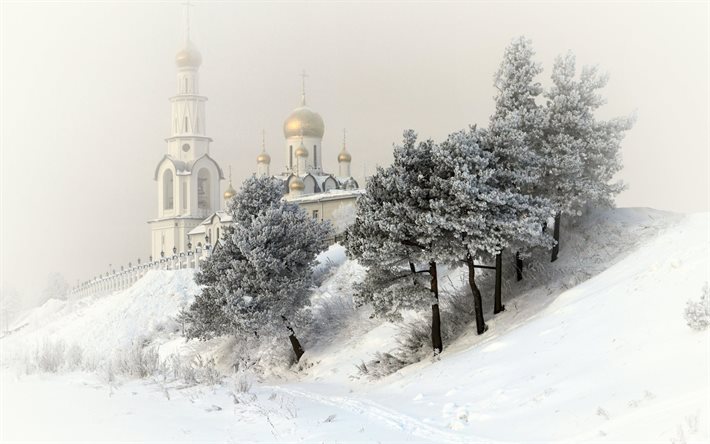 en invierno, la iglesia, cúpula, nieve, surgut, rusia