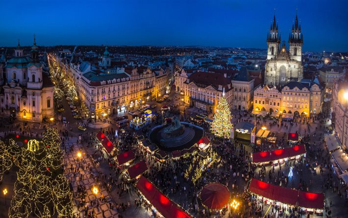 la noche, la ciudad, la calle, las luces, el árbol de navidad de praga, la navidad de praga, república checa