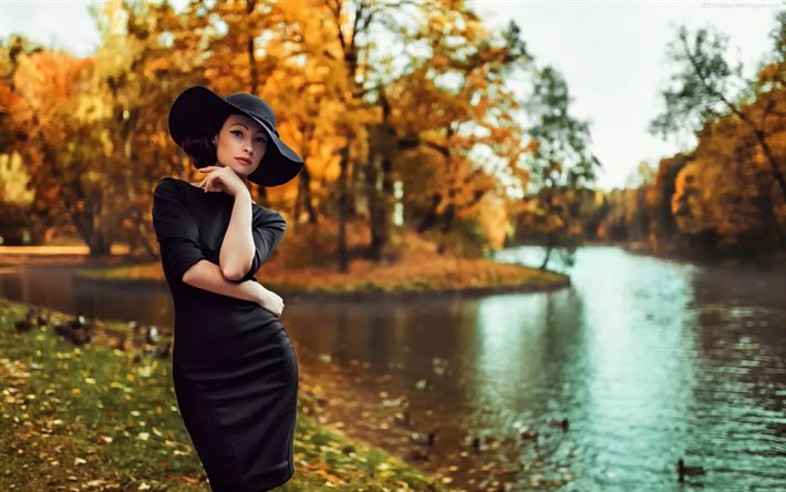 svart klänning, anka, dammen, parken, svart hatt, kvinna, ankor