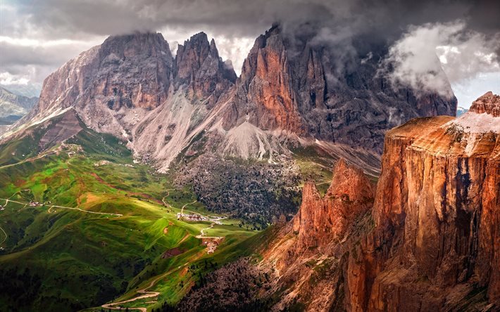 south tyrol, dolomites, home, valley, clouds, rock, italy