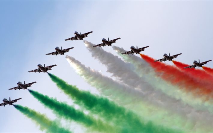 रंगीन, रंग, धुआं, विमानों, एयर, परेड, उड़ान, aerobatic टीम, frecce tricolori