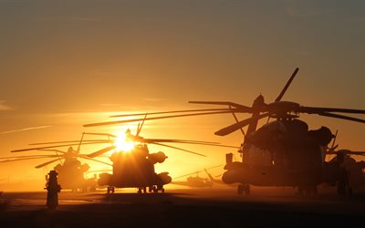 airoport, sunset, helicopter, the sun, airport, military