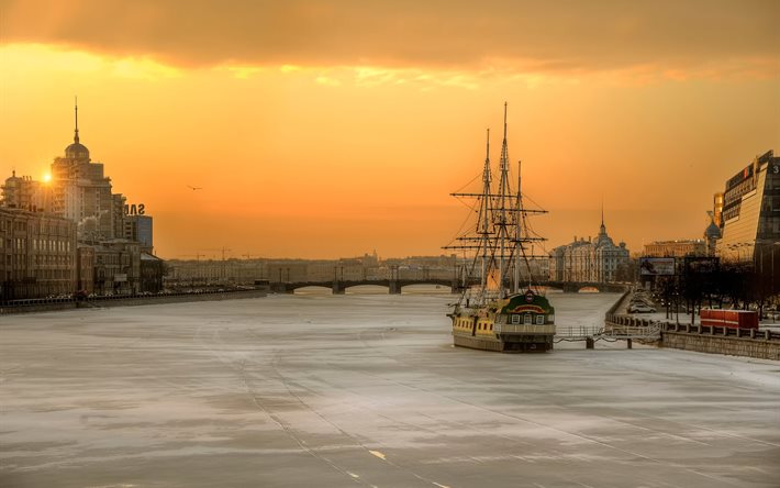 ship, morning, neva, channel, february, ice, 2015, home, st petersburg, russia