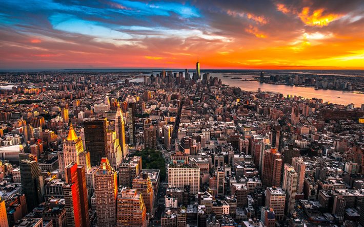 New York, orizzonte, tramonto, grattacieli, new york, America, stati UNITI