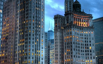 Chicago, Illinois, gratte-ciel, le soir, les bâtiments, Amérique, etats-unis
