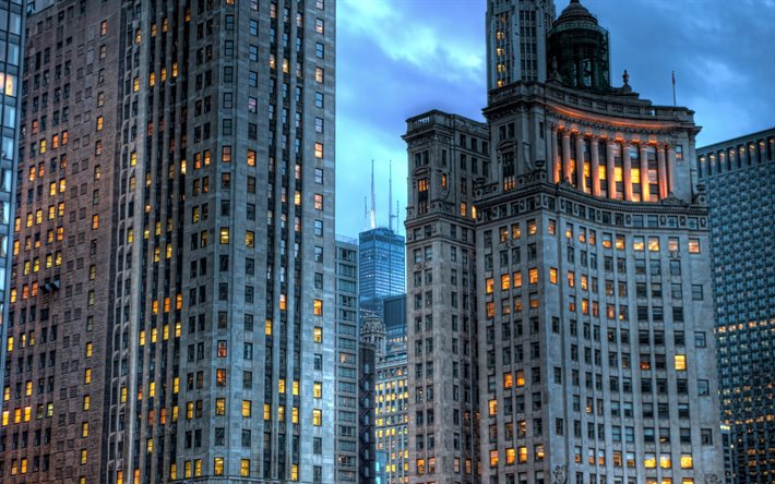 Chicago, Illinois, skyscrapers, evening, buildings, America, USA