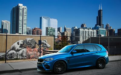 BMW X5M, F85, 2016, carretera, graffiti, IND, tuning, azul x5