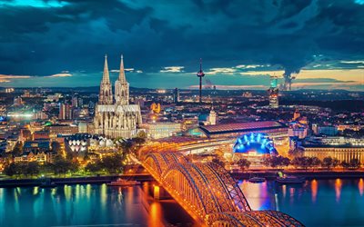 Köln, ışıklar, nehir, köprü, bulutlar, Köln Katedrali, Almanya