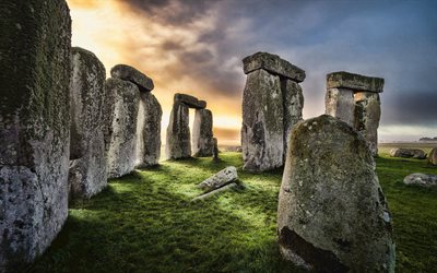 stonehenge, punto de referencia, tardecita, puesta de sol, piedras, monumento prehistórico, planicie de salisbury, wiltshire, inglaterra