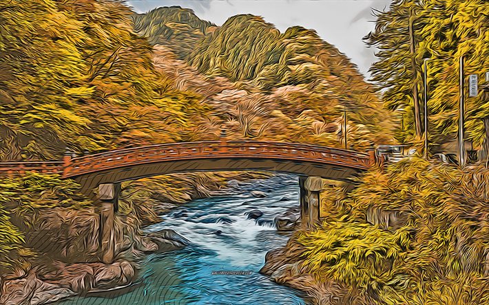 4k, puente shinkyo, río daiya, arte vectorial, arte creativo, dibujos del puente shinkyo, japón, dibujos de paisajes, nikko, tochigui