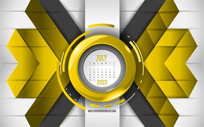 calendrier juillet 2023, 4k, fond abstrait jaune, calendriers 2023, juillet, fond de lignes jaunes, concepts 2023, calendriers mensuels