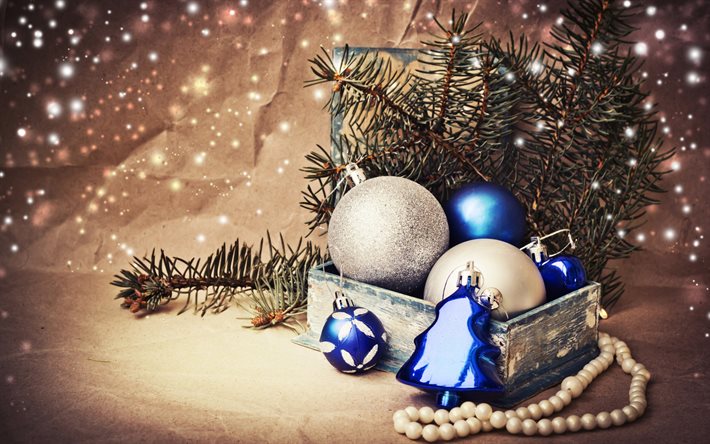 siniset joulupallot, hopeansiniset joulupallot, hyvää joulua, joulun käsitteitä, hyvää uutta vuotta, joulukoristeita, joulukoristeet, joulupallot