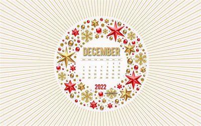 joulukuun 2022 kalenteri, 4k, joulun kultainen kehys, 2022 kalenterit, joulukuu, kultaiset joulukoristeet, 2022 konseptit, joulu malli