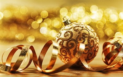 4k, golden christmas ball, golden silk ribbon, golden christmas background, blur, Merry Christmas, golden background for christmas cards, Happy New Year, Golden Christmas template