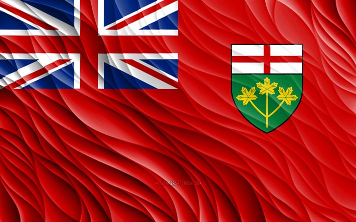 4k, 온타리오 국기, 물결 모양의 3d 플래그, 캐나다 지방, 온타리오의 국기, 온타리오의 날, 3d 파도, 캐나다의 지방, 온타리오, 캐나다