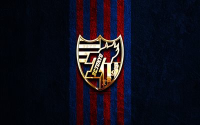 logo dorato dell'fc tokyo, 4k, sfondo di pietra blu, lega j1, squadra di calcio giapponese, logo dell'fc tokyo, calcio, emblema dell'fc tokyo, fc tokio, tokio fc