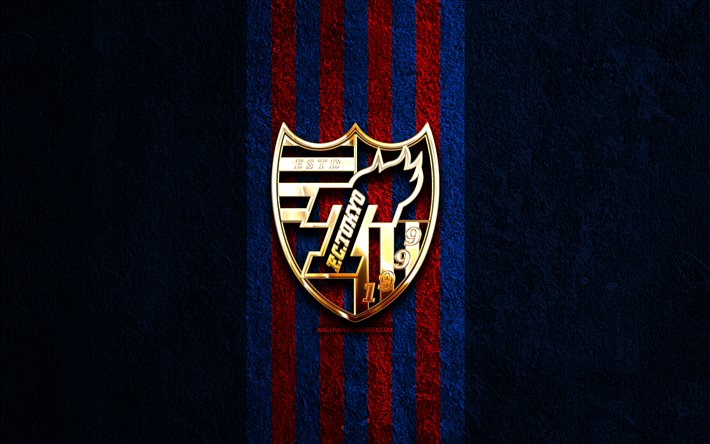 logo dorato dell'fc tokyo, 4k, sfondo di pietra blu, lega j1, squadra di calcio giapponese, logo dell'fc tokyo, calcio, emblema dell'fc tokyo, fc tokio, tokio fc