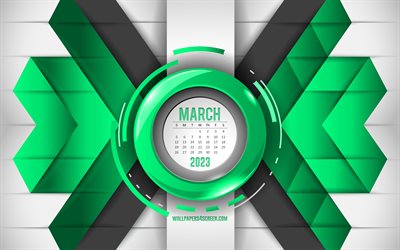 calendrier mars 2023, 4k, abstrait vert, calendriers 2023, mars, fond de lignes vertes, concepts 2023, calendriers mensuels