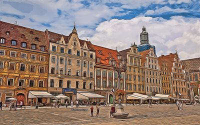 4k, pazar alanı, wroclaw, vektör sanatı, polonya, pazar meydanı sanatı, pazar meydanı çizimleri, wroclaw şehir manzarası, wroclaw çizimleri