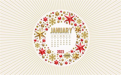 2023 tammikuun kalenteri, 4k, joulun kultainen kehys, 2023 kalenterit, tammikuu, kultaiset joulukoristeet, tammikuun 2023 kalenteri, 2023 konseptit, joulu malli
