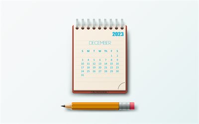 calendario diciembre 2023, 4k, papel de bloc de notas, 2023 conceptos, fondo de papeleria, calendario de diciembre de 2023, calendarios 2023, diciembre, arte creativo