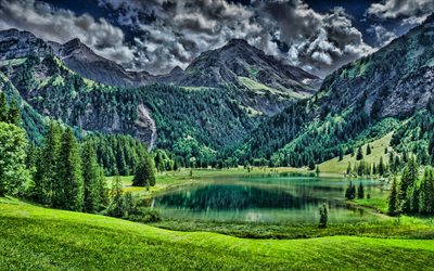 Lake Lauenen, mountain lake, Alps, mountain landscape, glacial lake, forest, mountains, Lauenen, Bern, Switzerland