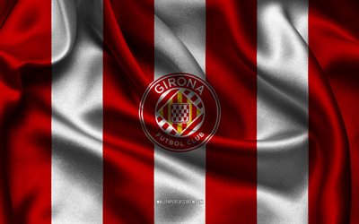 4k, logo fc gérone, tissu de soie blanc rouge, équipe espagnole de football, emblème du fc gérone, la ligue, fc gérone, espagne, football, drapeau du fc gérone