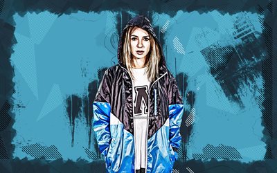 Alison Wonderland, 4K, grunge art, Australian DJs, music stars, Australian celebrity, Alexandra Margo Sholler, blue grunge background, Alison Wonderland 4K