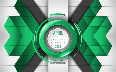 2023 April Calendar, 4k, green abstract background, 2023 calendars, April, green lines background, April 2023 calendar, 2023 concepts, April Calendar 2023, month calendars