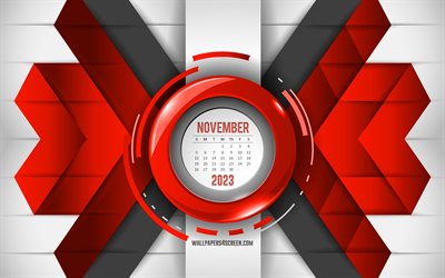 calendrier novembre 2023, 4k, fond abstrait rouge, calendriers 2023, novembre, fond de lignes rouges, concepts 2023, calendriers mensuels