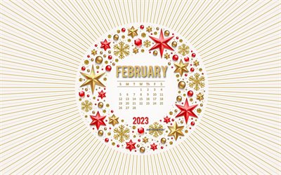 helmikuun 2023 kalenteri, 4k, joulun kultainen kehys, 2023 kalenterit, helmikuu, kultaiset joulukoristeet, 2023 konseptit, joulu malli