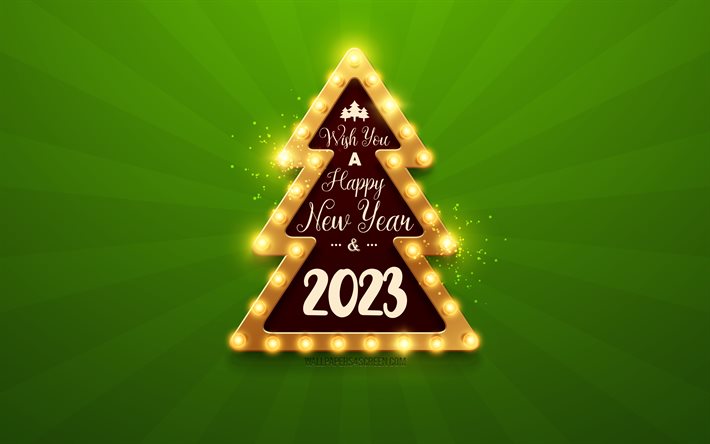 felice anno nuovo 2023, 4k, sfondo verde, 2023 concetti, 2023 felice anno nuovo, 2023 sfondo dell'albero di natale, lampadine, modello 2023, biglietto d'auguri 2023