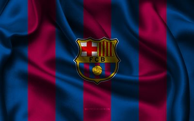 4k, logo del barcellona fc, tessuto di seta blu bordeaux, squadra di calcio spagnola, emblema del barcellona fc, la liga, barcellona fc, spagna, calcio, bandiera del barcellona fc, barcellona