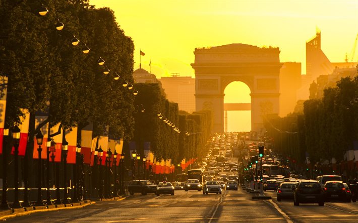 저녁, 자동차, 거리, 파리, 프랑스, arch of triumph