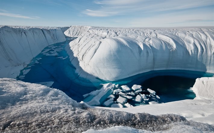Grönland, kar, buzul, nehir, ufuk çizgisi