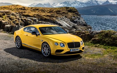 Bentley Continental GT V8 S, 2016, amarillo Bentley, coupe, costa, mar, montañas