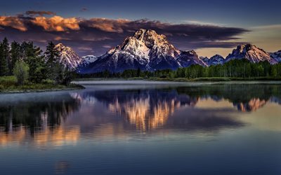 dağlar, Gün Batımı, Gökyüzü, göl, Mount Moran, Snake River, Grand Teton Milli Parkı, Wyoming