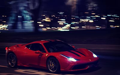 Ferrari 458 Speciale, night, movement, road, Ferrari