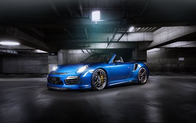 la nuit, TechArt, Porsche 911 Turbo, tuning, parking, cabriolet, bleu Porsche