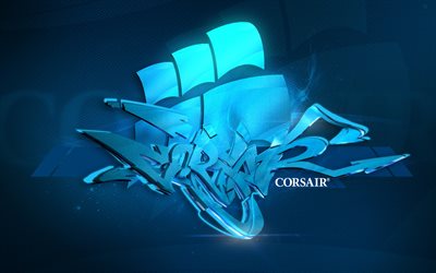 corsair, 블루의 로고, 3d, 추상, 창의적인