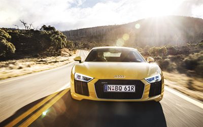 Audi R8, 2016, supercars, la carretera, la velocidad, el movimiento, el color amarillo de audi