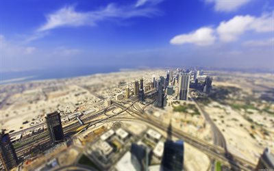 Dubai, skyscrapers, road, tilt-shift, UAE, United Arab Emirates