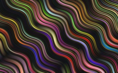 sfondo di linee d onda multicolore, 4k, sfondo di linee di illusione astratta, astrazione di onde di illusione, motivo a linee, sfondo di onde
