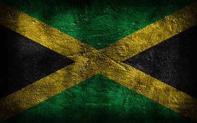 4k, 자메이카 국기, 돌 질감, 자메이카의 국기, 돌 배경, 그런지 아트, 자메이카 국가 상징, 자메이카